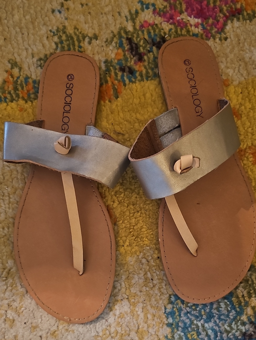 Sociology Metallic Gold Toe-Post Slide Sandals with Tan Footbed
